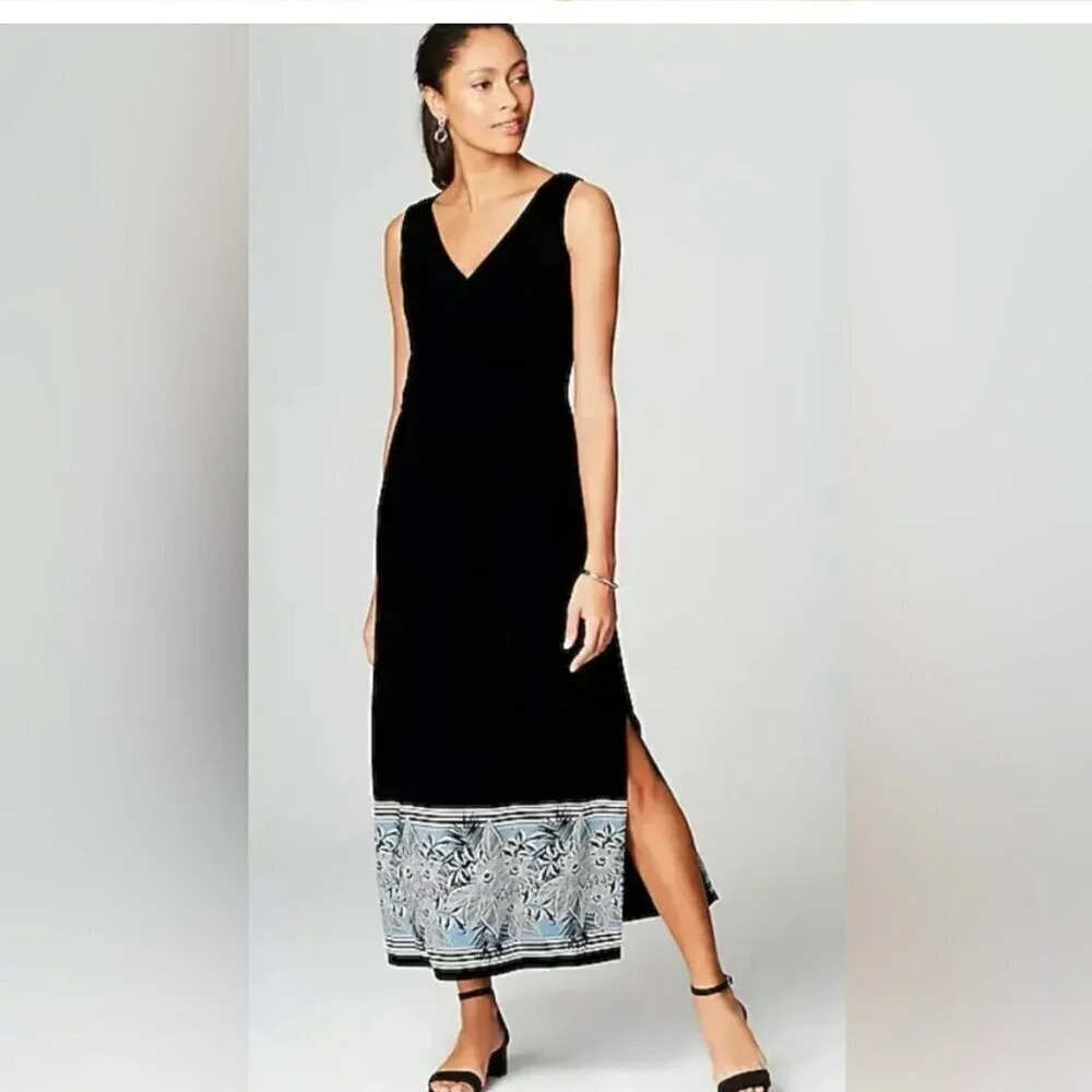 J Jill Wearever Knit Havana Dress Women‎ XS Black Maxi Faux Wrap Flower Stretch